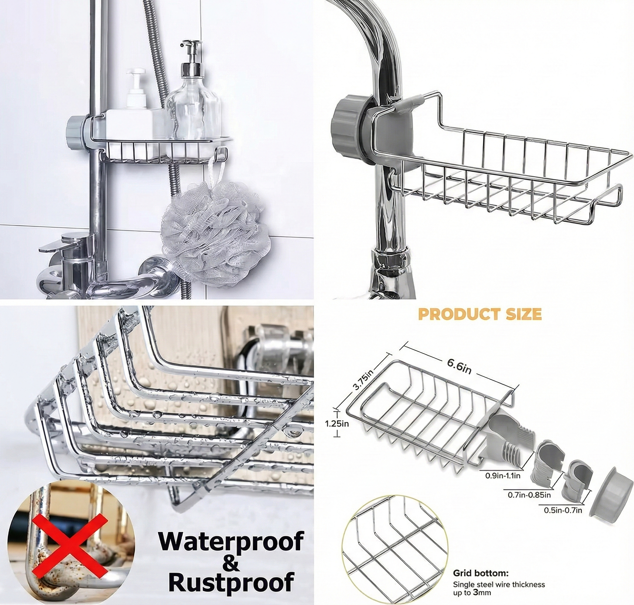 ArrayStyle Stainless Steel Sink Sponge Caddy Organizer,Tap Organiser Clip Storage Rack Practical Home Kitchen Faucet Shelf Snap-on Faucet Rack Drain Rack with Towel Holder for Soap, Sponges Sink Sponge Holder Sink Sponge Holder